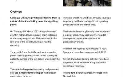 Cable breach during rail burning activity